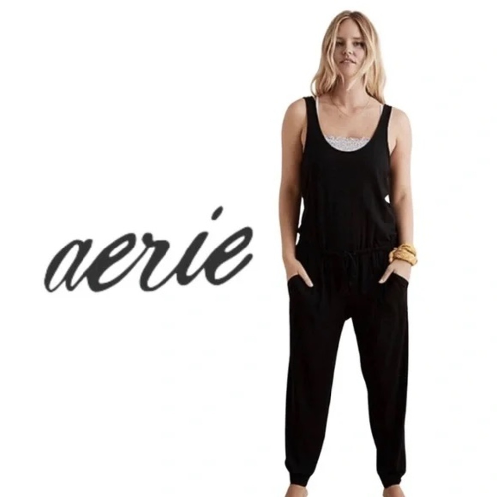 NWOT Aerie Black Track Jumpsuit Size Medium Racerback Lounge Athleisure One Pc